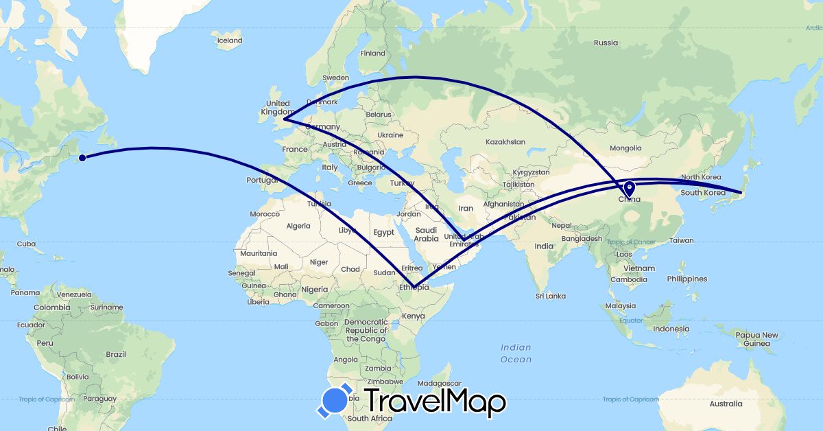 TravelMap itinerary: driving in United Arab Emirates, Canada, China, Ethiopia, United Kingdom, Japan (Africa, Asia, Europe, North America)